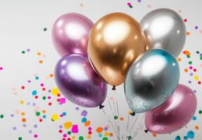 Glossy metallic balloons surrounded by vibrant confetti on a plain background, with plenty of free space for text photo
