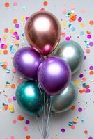 Glossy metallic balloons surrounded by vibrant confetti on a plain background, with plenty of free space for text photo