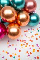 Glossy metallic balloons surrounded by vibrant confetti on a plain background, with plenty of free space for text photo