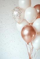 Elegant white and rose gold balloons on the right side, paired with soft, scattered confetti, leaving space on the left for text photo