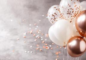 Elegant white and rose gold balloons on the right side, paired with soft, scattered confetti, leaving space on the left for text photo