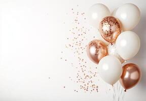 Elegant white and rose gold balloons on the right side, paired with soft, scattered confetti, leaving space on the left for text photo