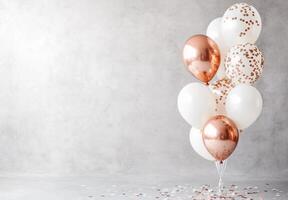 Elegant white and rose gold balloons on the right side, paired with soft, scattered confetti, leaving space on the left for text photo