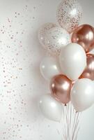 Elegant white and rose gold balloons on the right side, paired with soft, scattered confetti, leaving space on the left for text photo