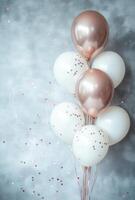 Elegant white and rose gold balloons on the right side, paired with soft, scattered confetti, leaving space on the left for text photo
