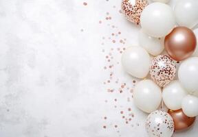 Elegant white and rose gold balloons on the right side, paired with soft, scattered confetti, leaving space on the left for text photo