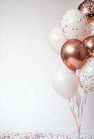 Elegant white and rose gold balloons on the right side, paired with soft, scattered confetti, leaving space on the left for text photo