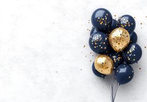 Elegant navy blue and gold balloons on the right side, with matching confetti, leaving a clean area on the left for customization photo