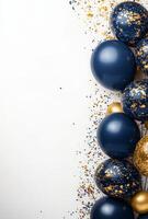 Elegant navy blue and gold balloons on the right side, with matching confetti, leaving a clean area on the left for customization photo