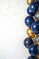 Elegant navy blue and gold balloons on the right side, with matching confetti, leaving a clean area on the left for customization photo