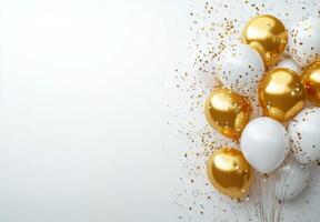 Elegant gold and white balloons on the right, surrounded by shimmering confetti, with a clean, free space on the left for text photo