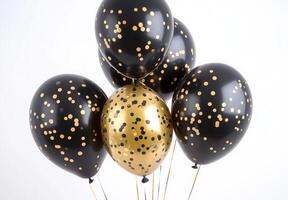 Elegant black and gold balloons with matching confetti, creating a sophisticated party vibe with open space in the center photo