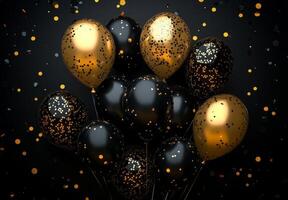 Elegant black and gold balloons with matching confetti, creating a sophisticated party vibe with open space in the center photo