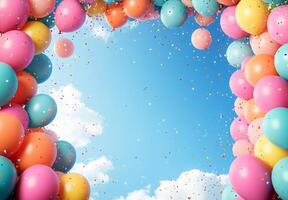 Bright party balloons and confetti cascading from the top of the image, with an empty center section perfect for custom use photo