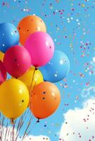 Bright party balloons and confetti cascading from the top of the image, with an empty center section perfect for custom use photo