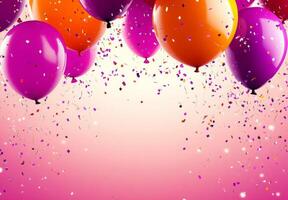 Bright party balloons and confetti cascading from the top of the image, with an empty center section perfect for custom use photo