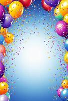 Bright party balloons and confetti cascading from the top of the image, with an empty center section perfect for custom use photo
