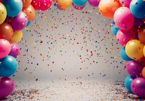 A festive scene with multicolored balloons and falling confetti, creating a cheerful atmosphere with space left open in the center photo