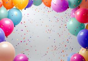A festive scene with multicolored balloons and falling confetti, creating a cheerful atmosphere with space left open in the center photo