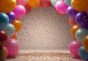 A festive scene with multicolored balloons and falling confetti, creating a cheerful atmosphere with space left open in the center photo