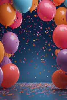 A festive scene with multicolored balloons and falling confetti, creating a cheerful atmosphere with space left open in the center photo