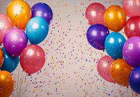 A festive scene with multicolored balloons and falling confetti, creating a cheerful atmosphere with space left open in the center photo