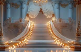 A staircase with candles and a white curtain photo