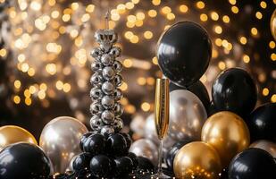 A black and gold party with balloons and a champagne glass photo
