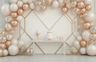 A white and gold balloon arch with a cake on top photo