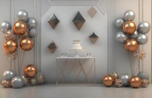 A room with balloons and a cake photo