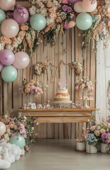 A table with balloons and flowers and a cake photo