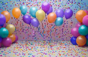 Colorful balloons and confetti on a blue background photo