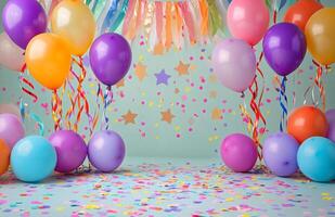Colorful balloons and confetti on a blue background photo