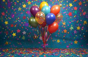 Many balloons on a blue background with confetti photo