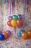 Many colorful balloons and confetti in front of a white background photo
