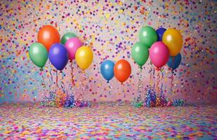 Colorful confetti balloons and confetti on a background photo
