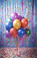 A vibrant birthday scene with confetti, multicolored balloons, and a backdrop with stars and ribbons for a fun-filled celebration photo