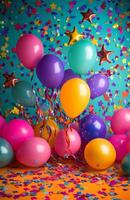 Many colorful balloons and confetti on a blue background photo