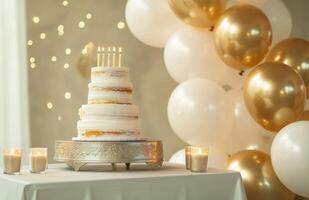 An elegant birthday party background featuring gold and white balloons, a table with a tiered cake, and candles adding a soft glow photo