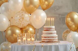 An elegant birthday party background featuring gold and white balloons, a table with a tiered cake, and candles adding a soft glow photo