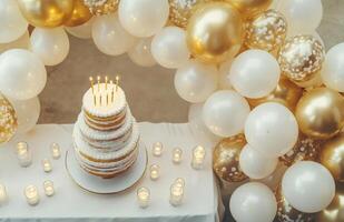 An elegant birthday party background featuring gold and white balloons, a table with a tiered cake, and candles adding a soft glow photo