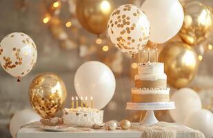 An elegant birthday party background featuring gold and white balloons, a table with a tiered cake, and candles adding a soft glow photo