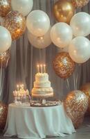 An elegant birthday party background featuring gold and white balloons, a table with a tiered cake, and candles adding a soft glow photo