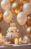 An elegant birthday party background featuring gold and white balloons, a table with a tiered cake, and candles adding a soft glow photo