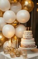 An elegant birthday party background featuring gold and white balloons, a table with a tiered cake, and candles adding a soft glow photo