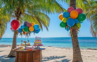 A beachside birthday setup with tropical decorations, colorful balloons tied to palm trees, and a cake table overlooking the ocean photo