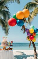 A beachside birthday setup with tropical decorations, colorful balloons tied to palm trees, and a cake table overlooking the ocean photo