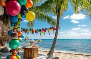 A beachside birthday setup with tropical decorations, colorful balloons tied to palm trees, and a cake table overlooking the ocean photo
