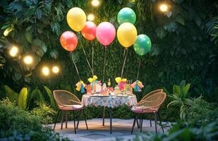 A birthday picnic scene in a garden with a decorated table, bright balloons tied to chairs, and a lush green backdrop with soft lighting photo