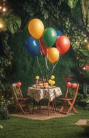 A birthday picnic scene in a garden with a decorated table, bright balloons tied to chairs, and a lush green backdrop with soft lighting photo